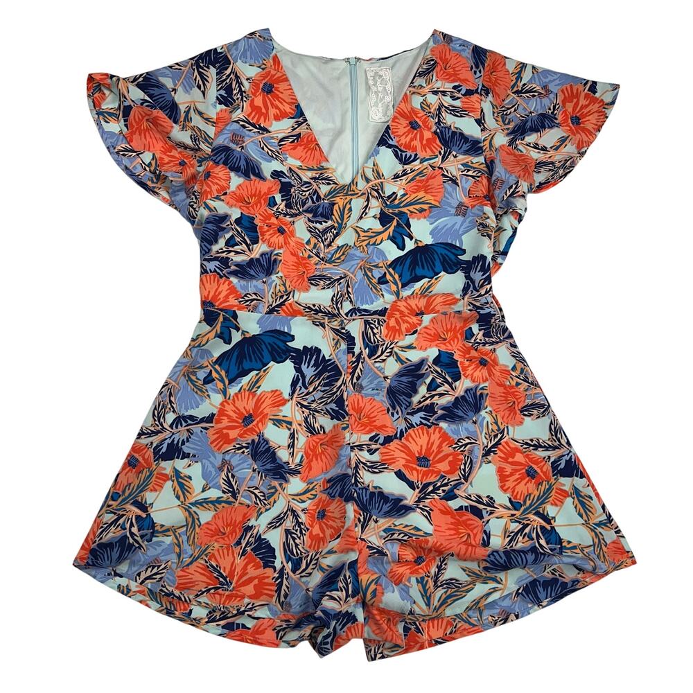 Sadie & Sage Floral Romper Orange Navy Blue V-Neck Flutter Sleeve Summer Size M